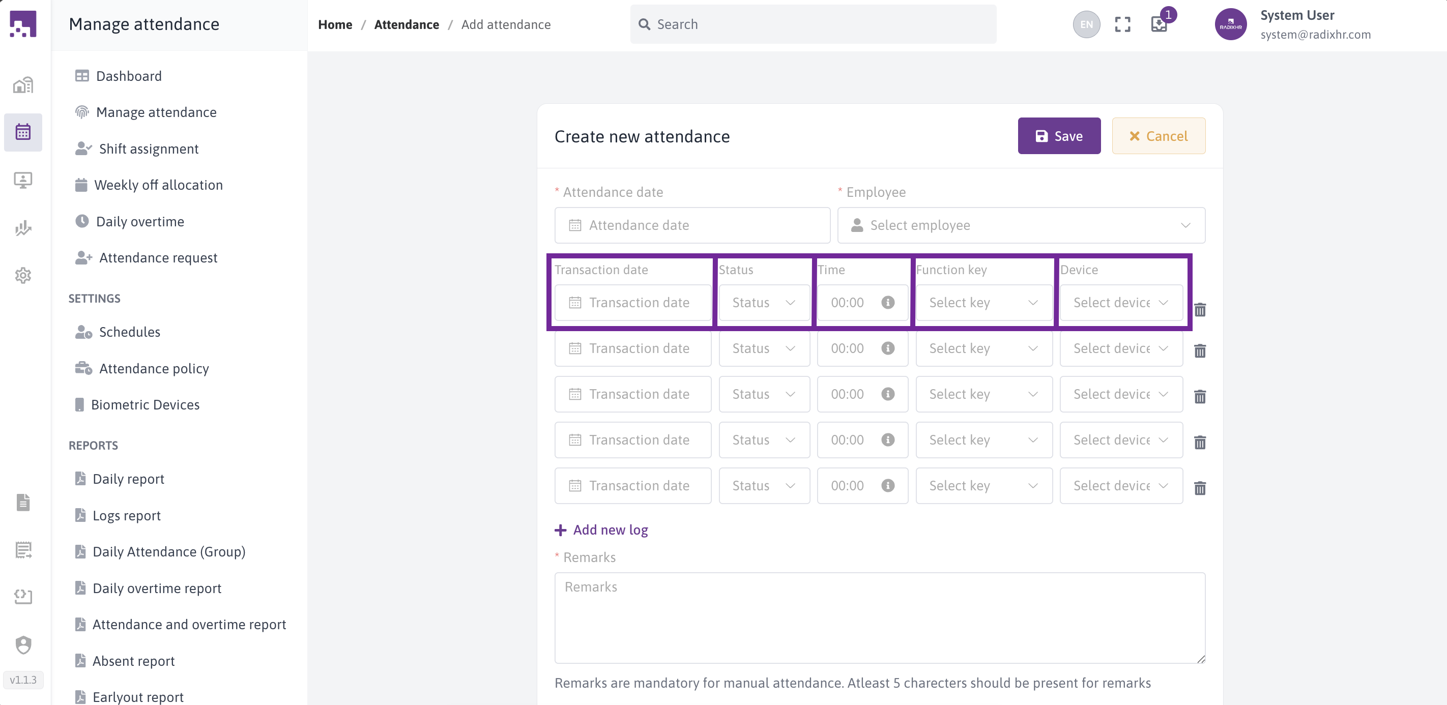 Attendance Log Entry Fields