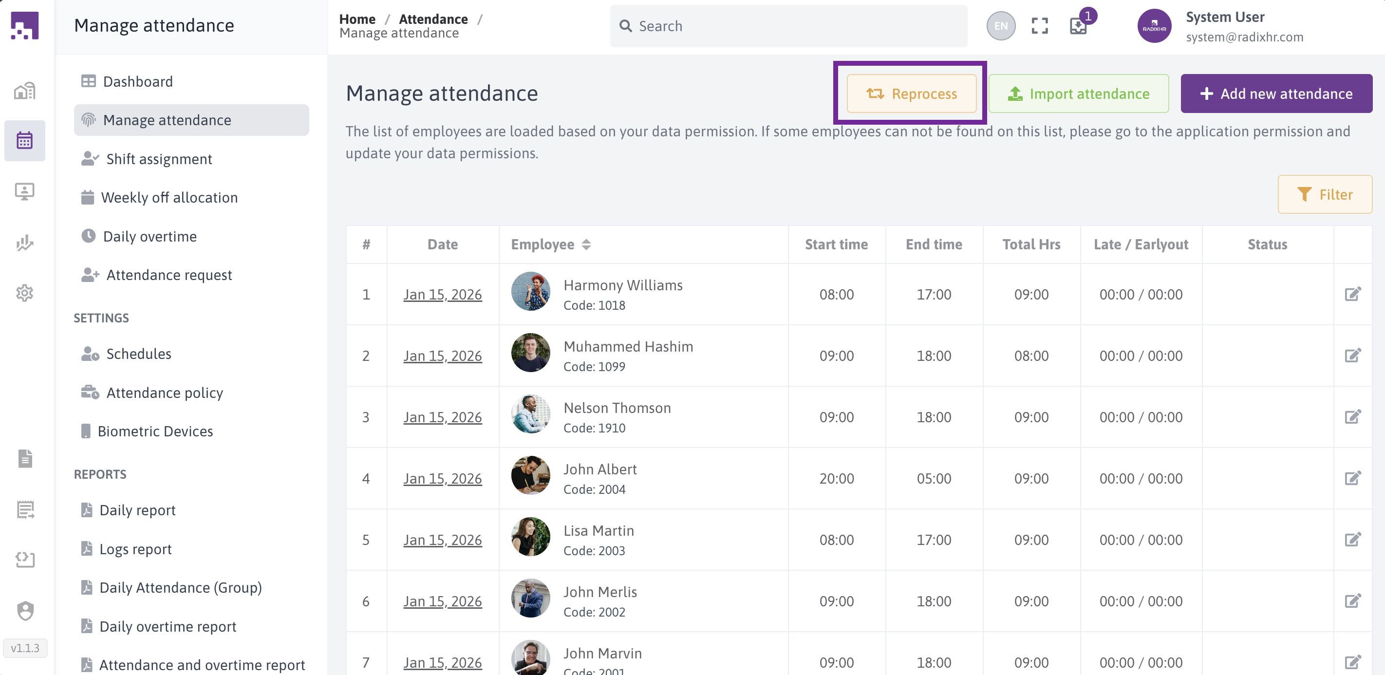 Reprocess Attendance Button