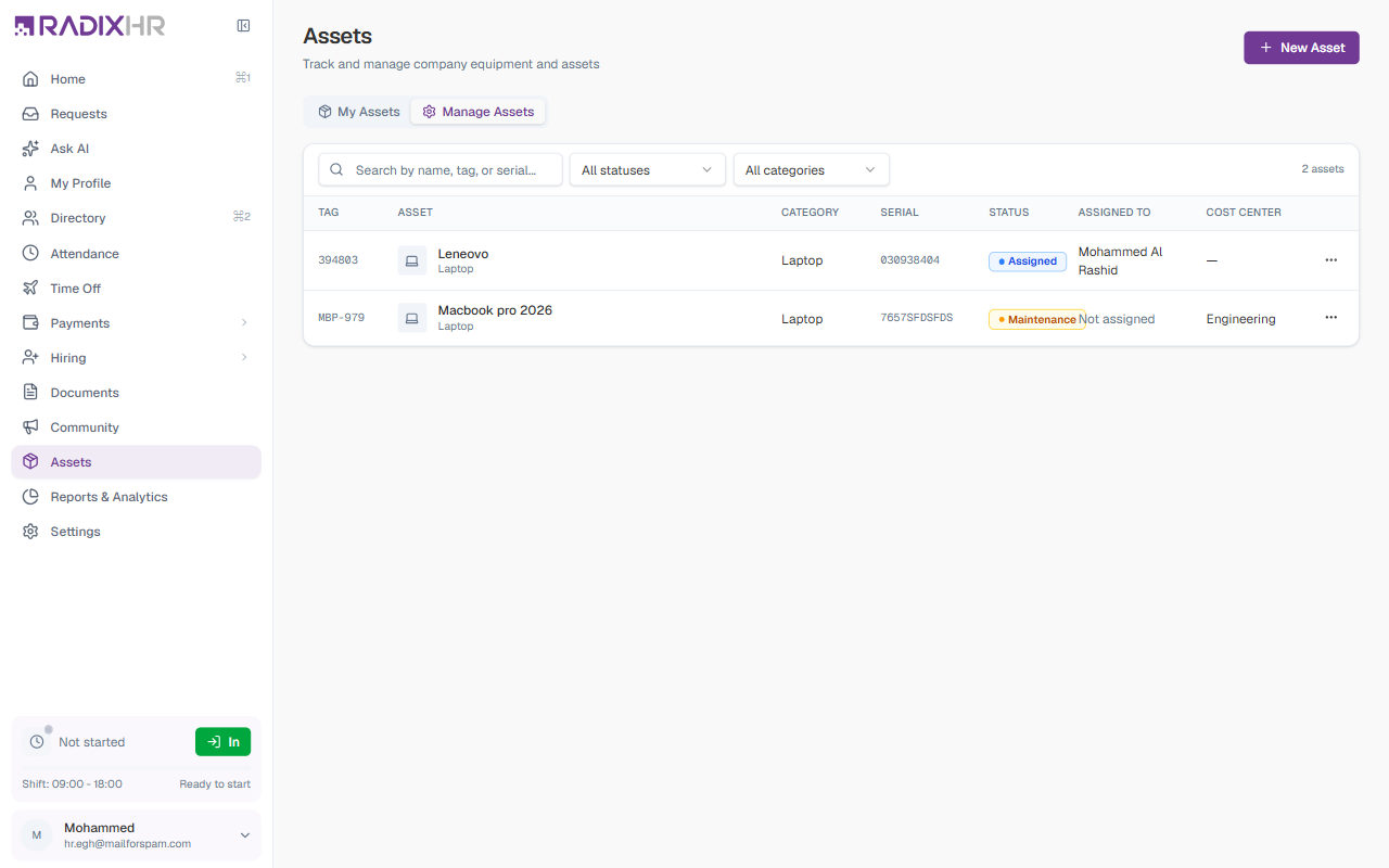 Manage Assets register