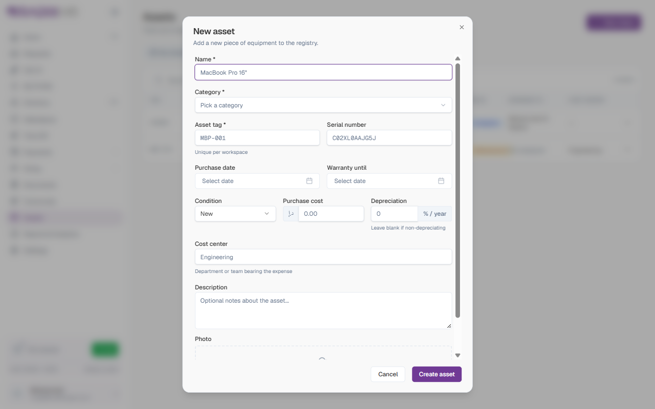 New Asset form