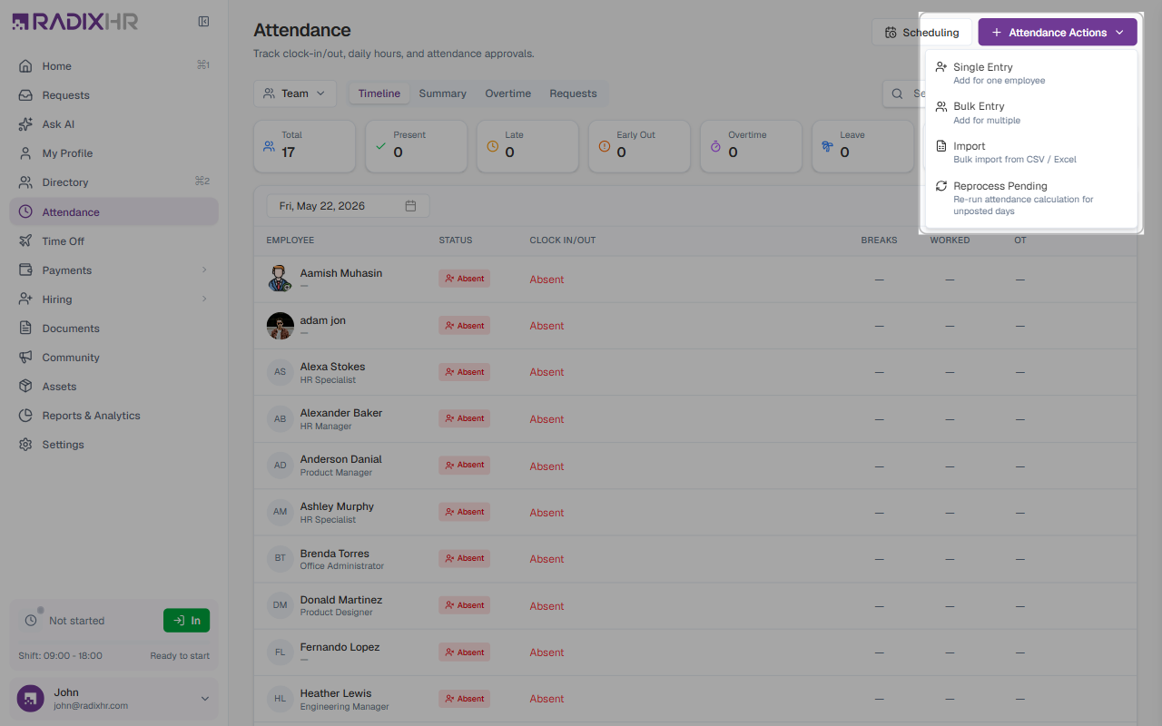 Attendance Actions Menu