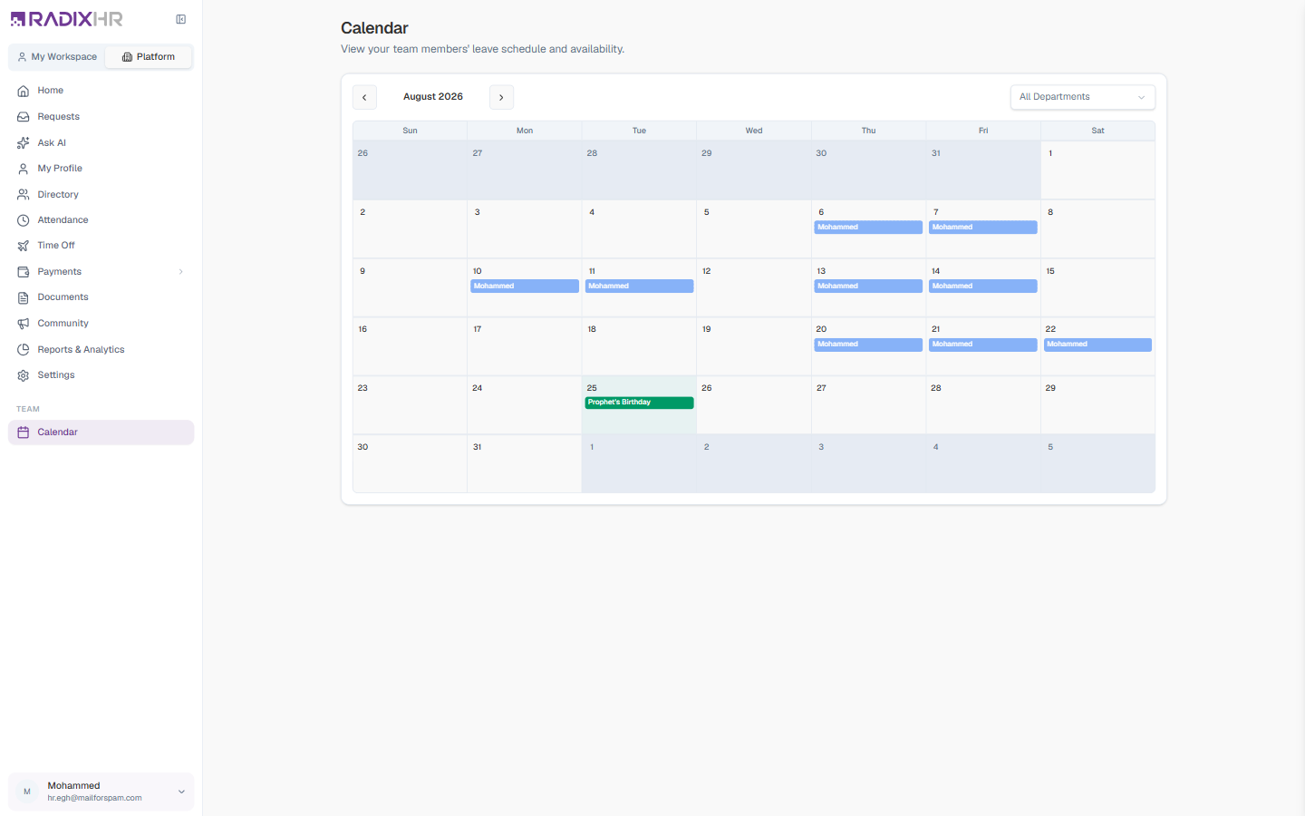 Calendar — team leave and holidays for a month