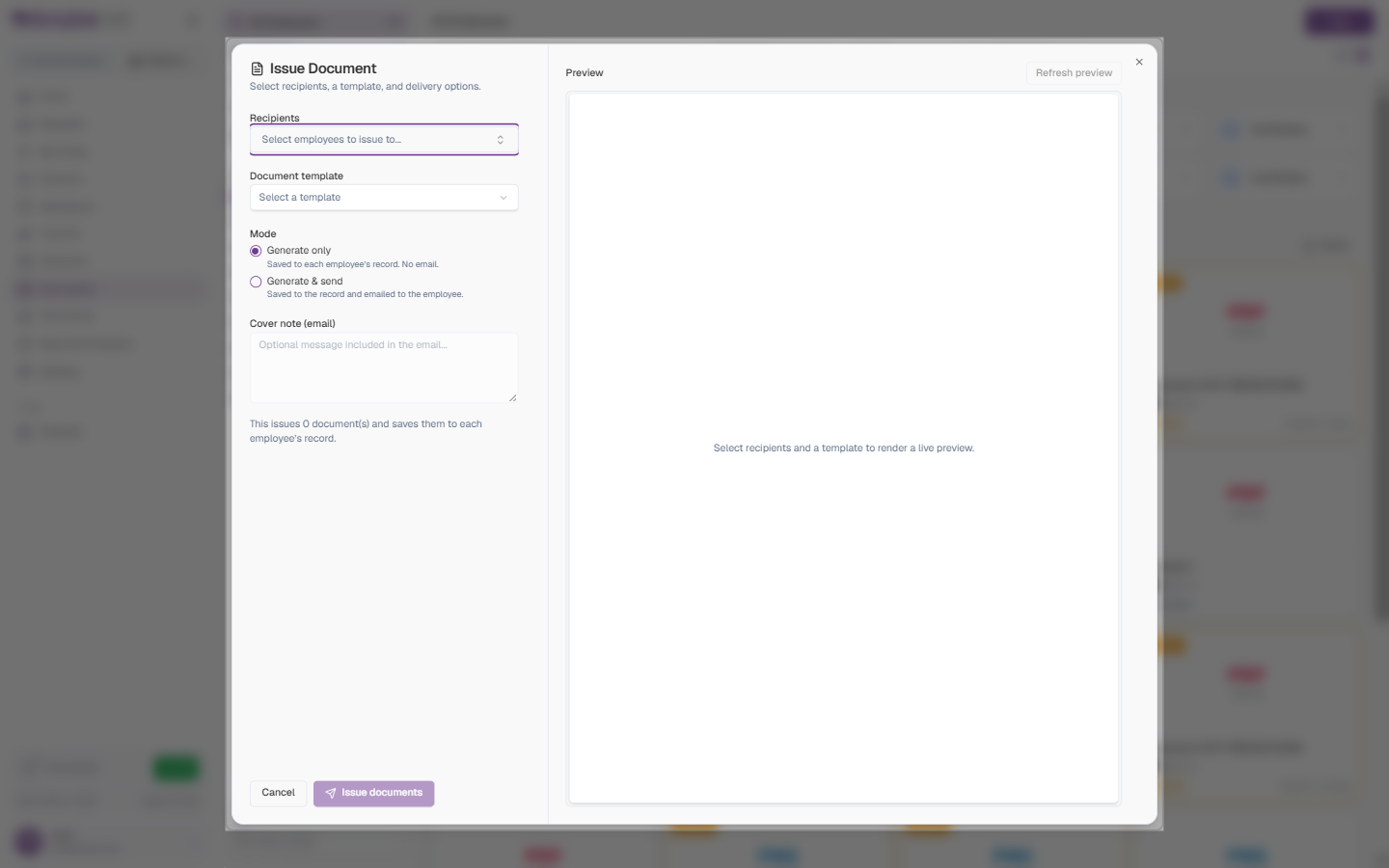 Issue Document dialog