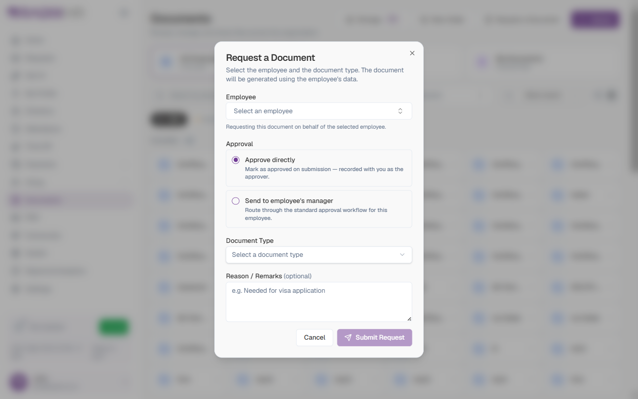 Request a Document dialog