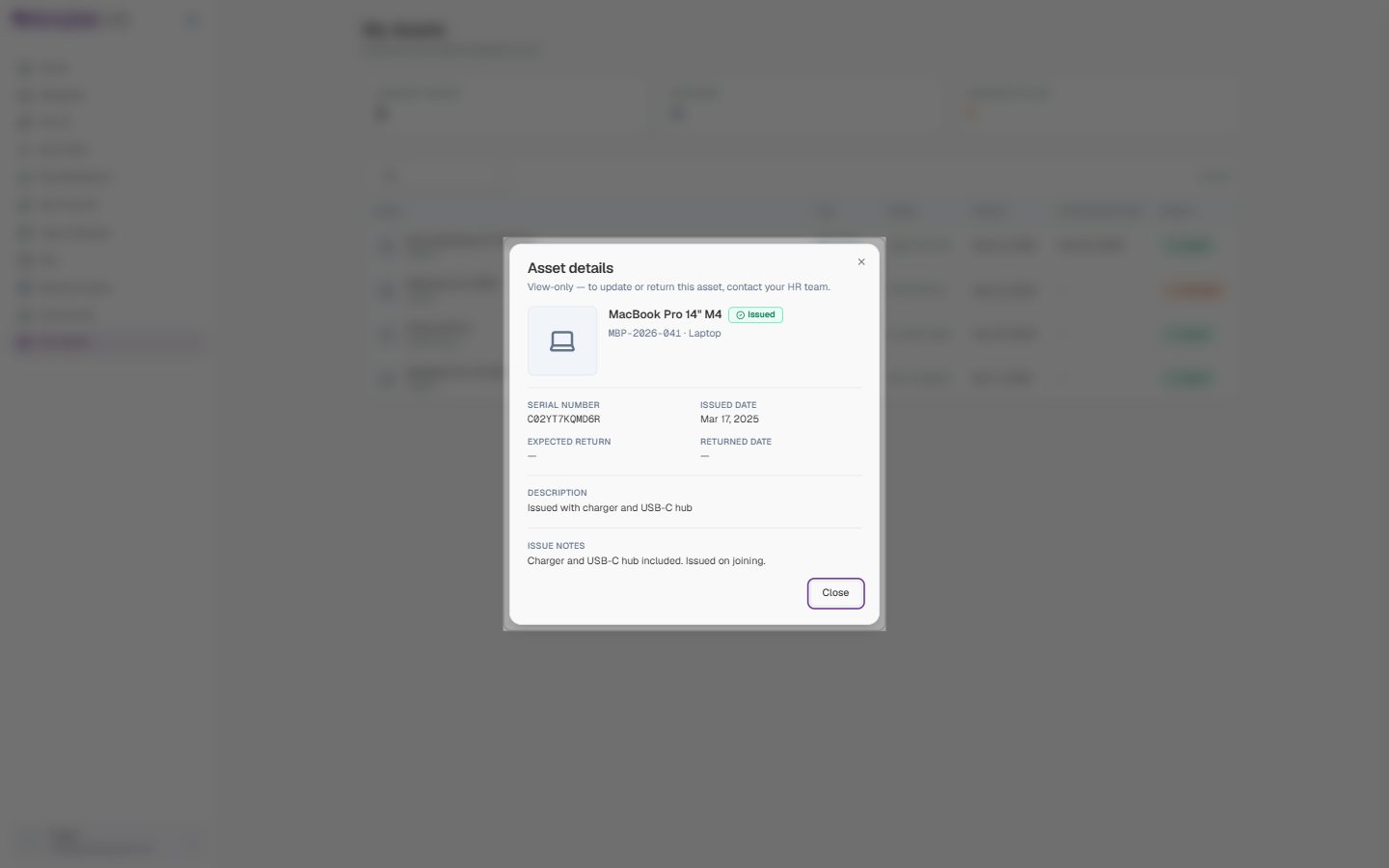 Asset details panel