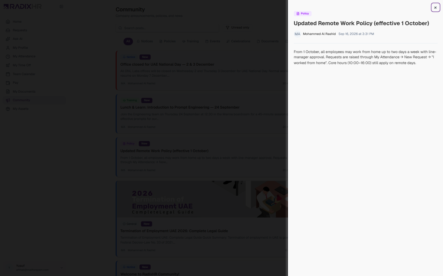 A policy post opened in the side panel
