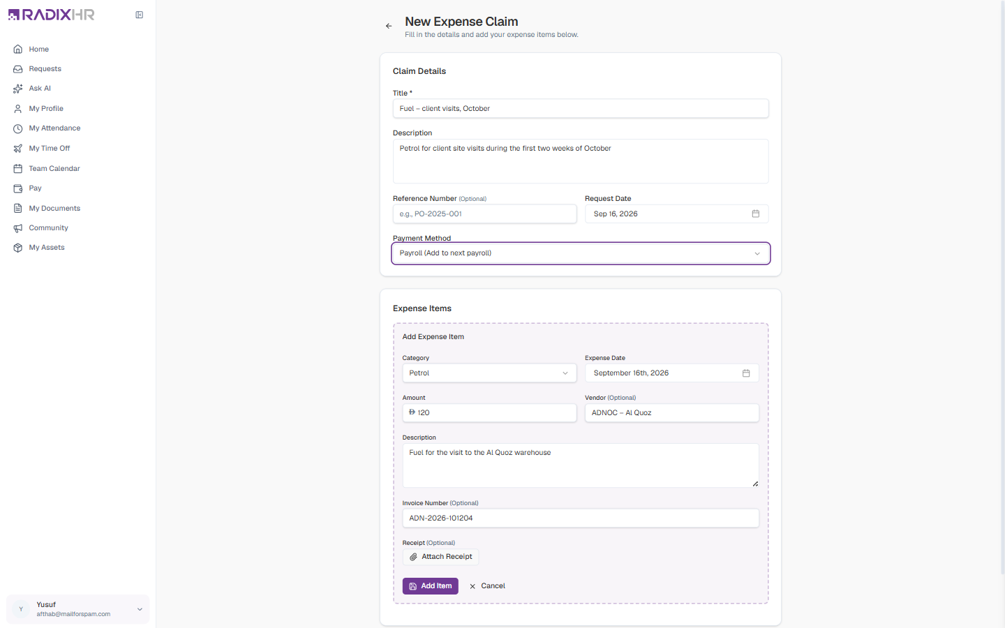 The New Expense Claim page with an item being added