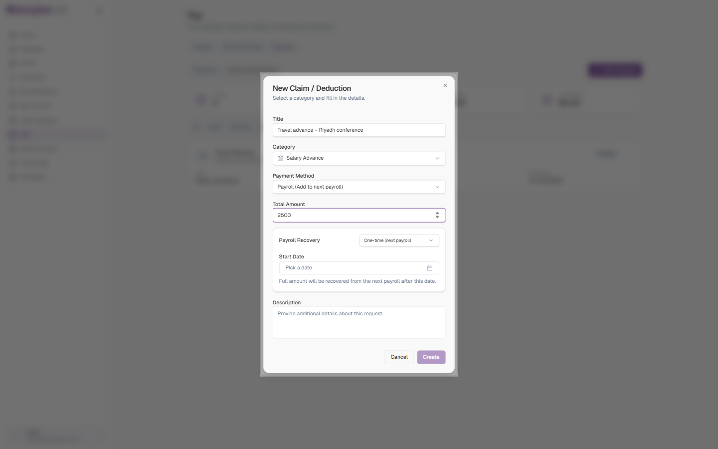New Claim / Deduction dialog