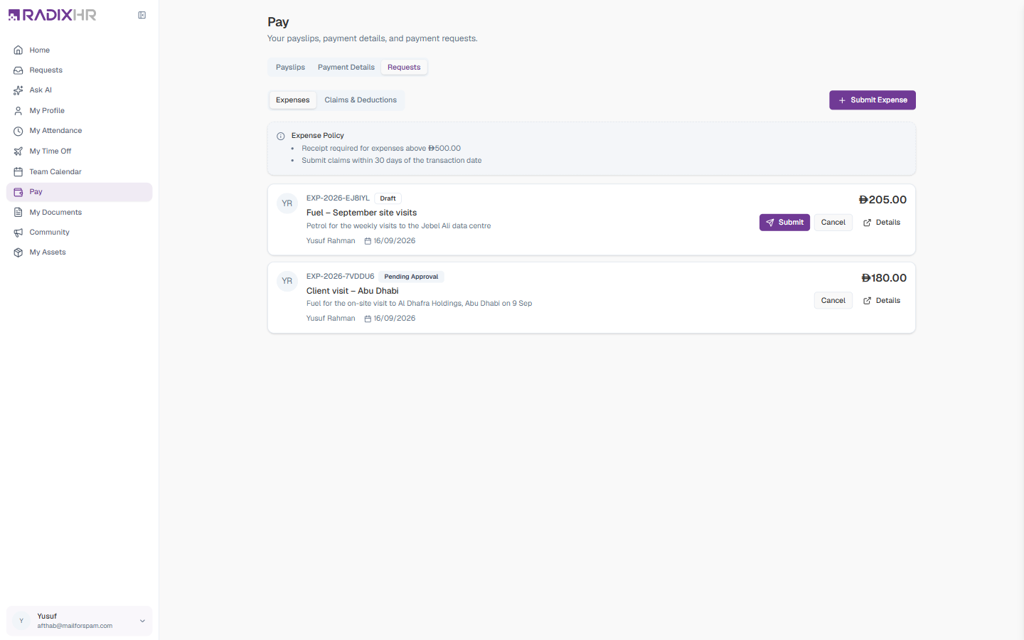 Pay — Requests tab, Expenses sub-tab