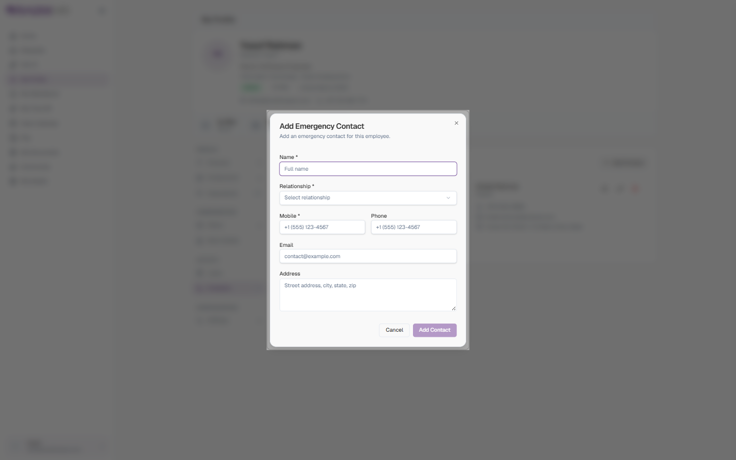 The Add Emergency Contact dialog