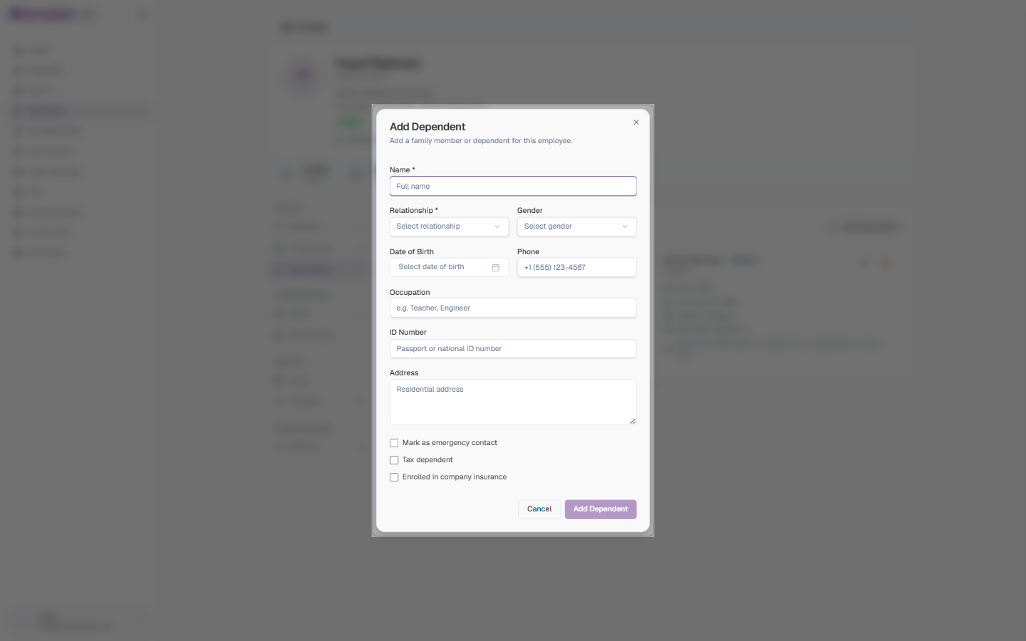 The Add Dependent dialog