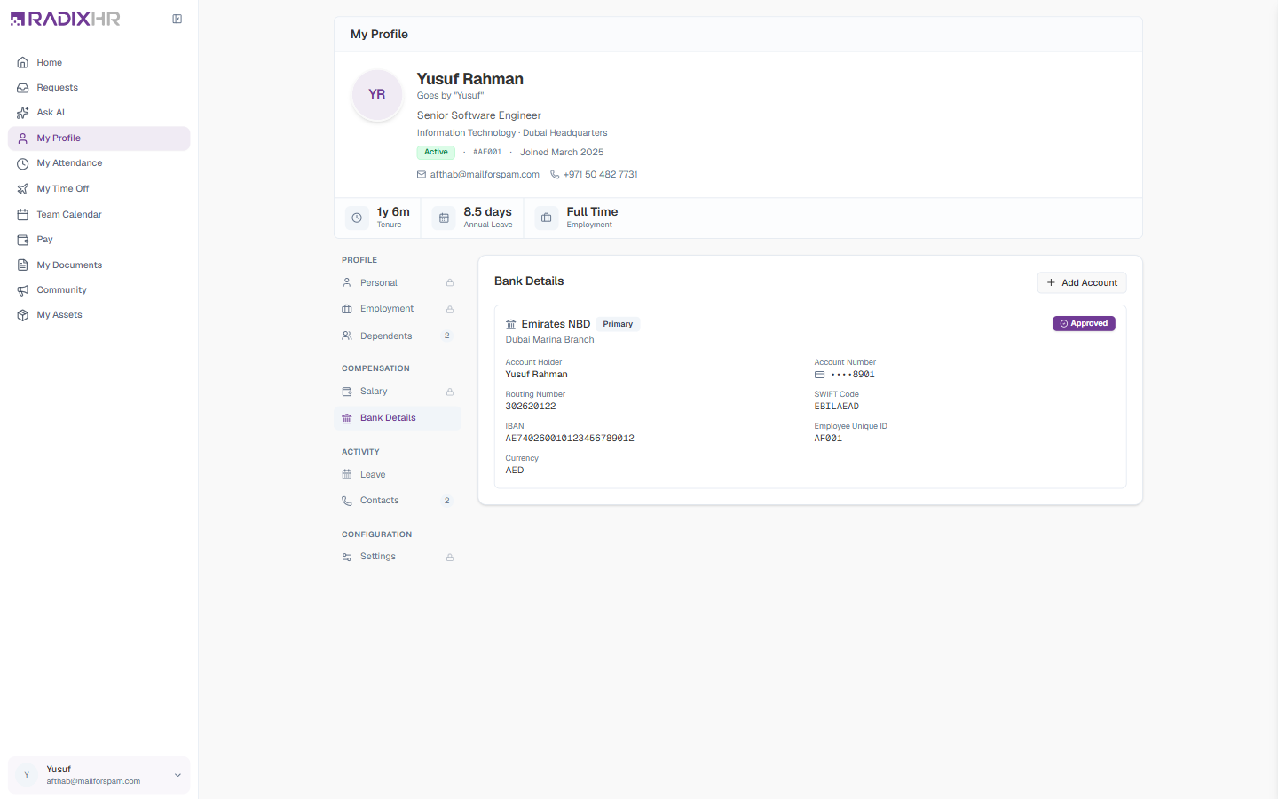Bank Details section with an approved account