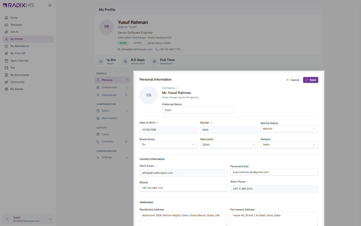 Editing personal information, with locked fields greyed out