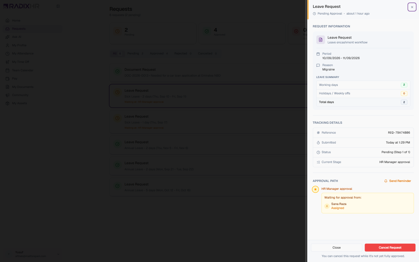 A pending leave request opened in the detail panel