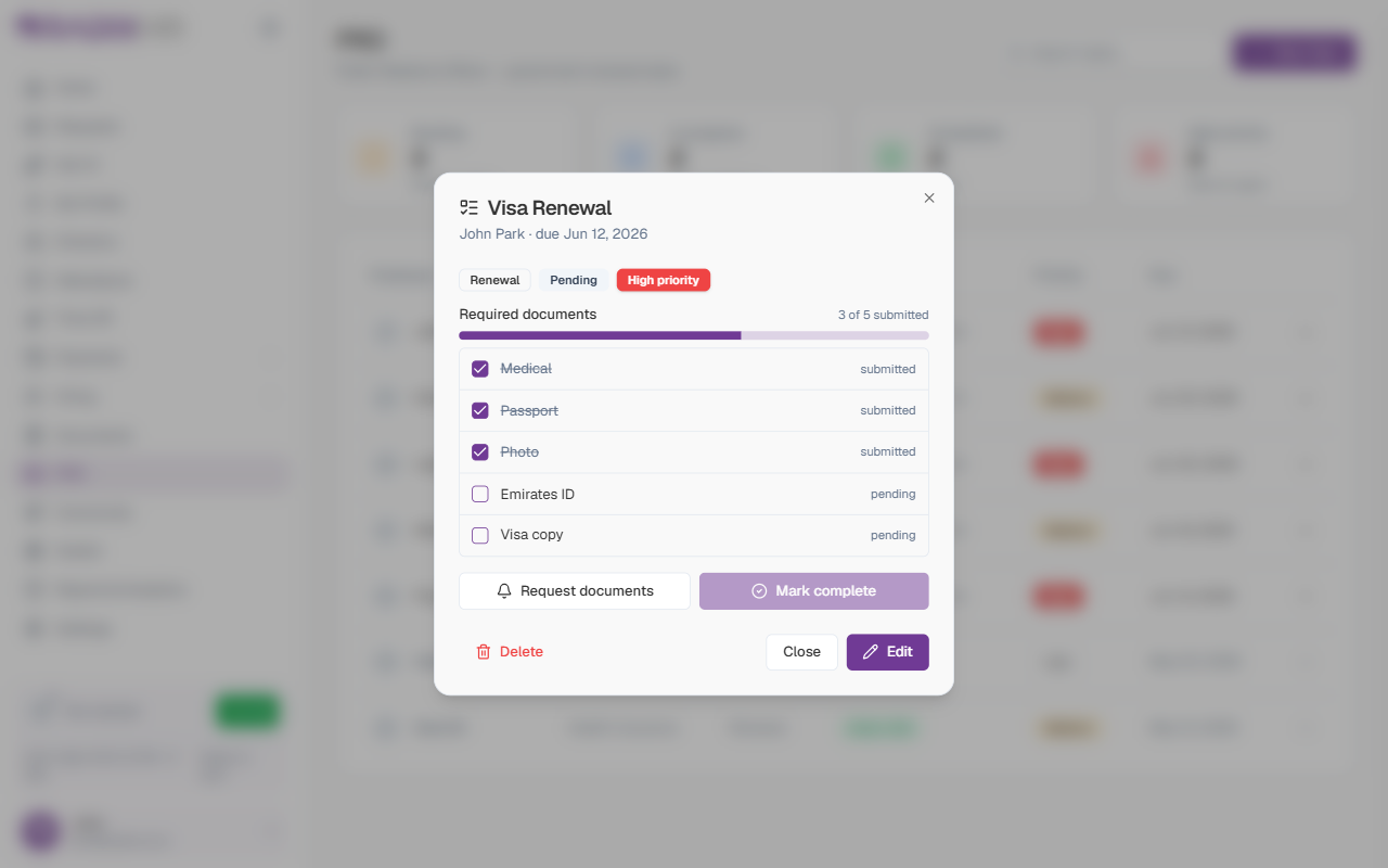 Renewal task detail with document checklist