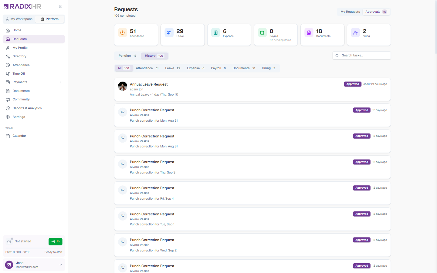 Approvals — History tab