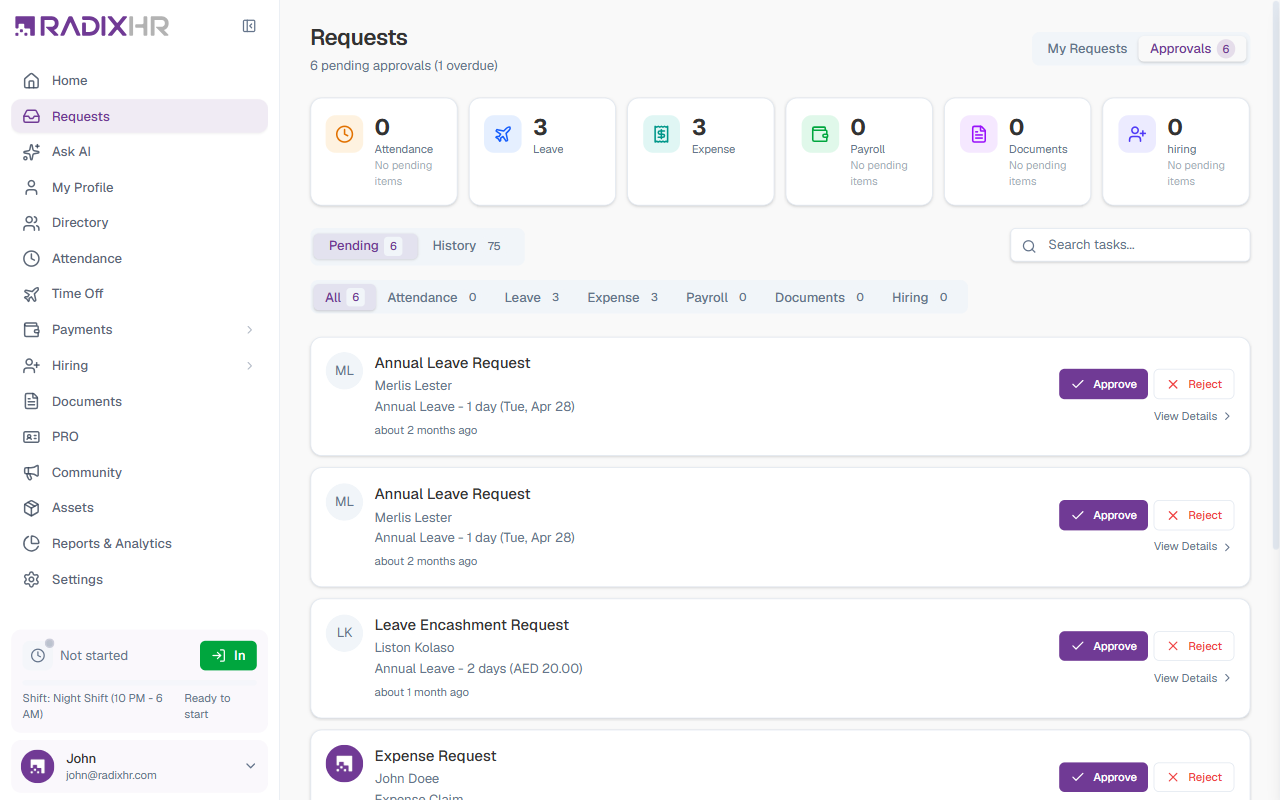 Requests - Approvals view