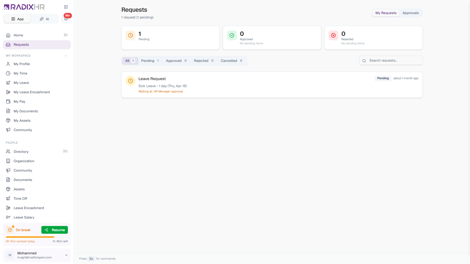 Requests - My Requests view