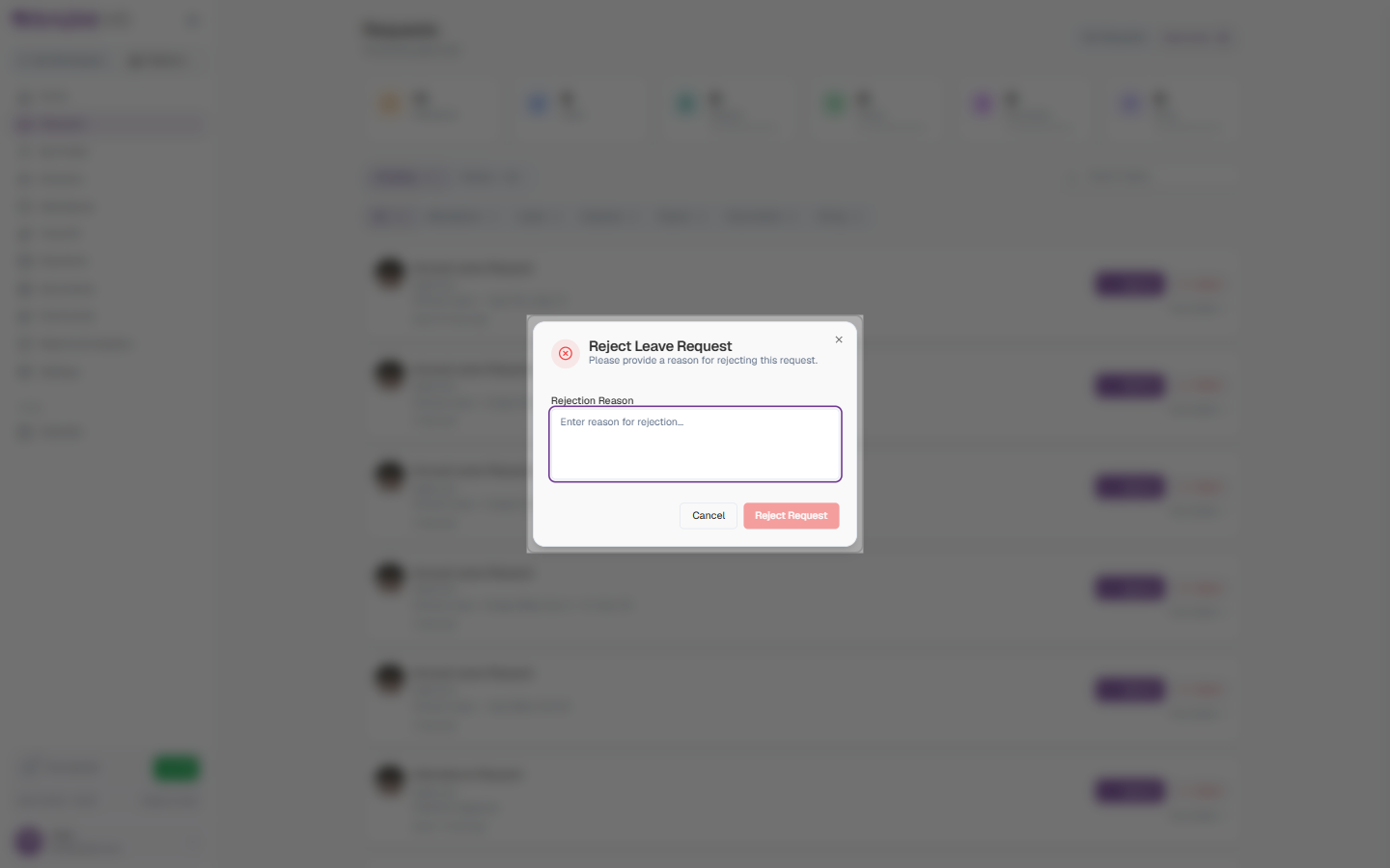 Reject request dialog
