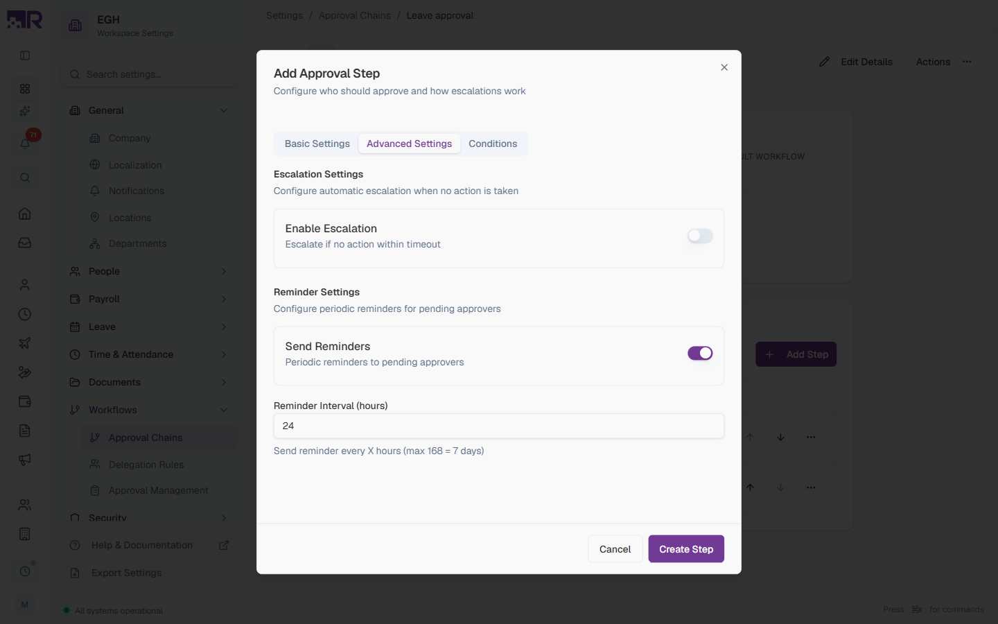 Advanced Settings — Escalation and Reminders