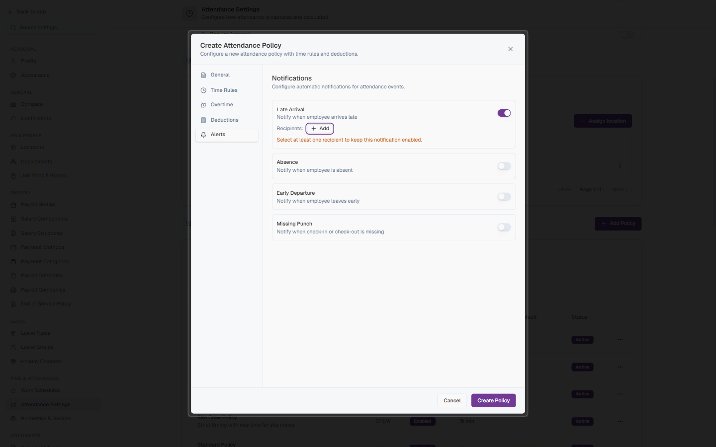 Create Attendance Policy - Alerts Tab