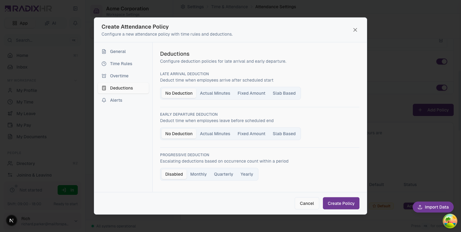 Create Attendance Policy - Deductions Tab
