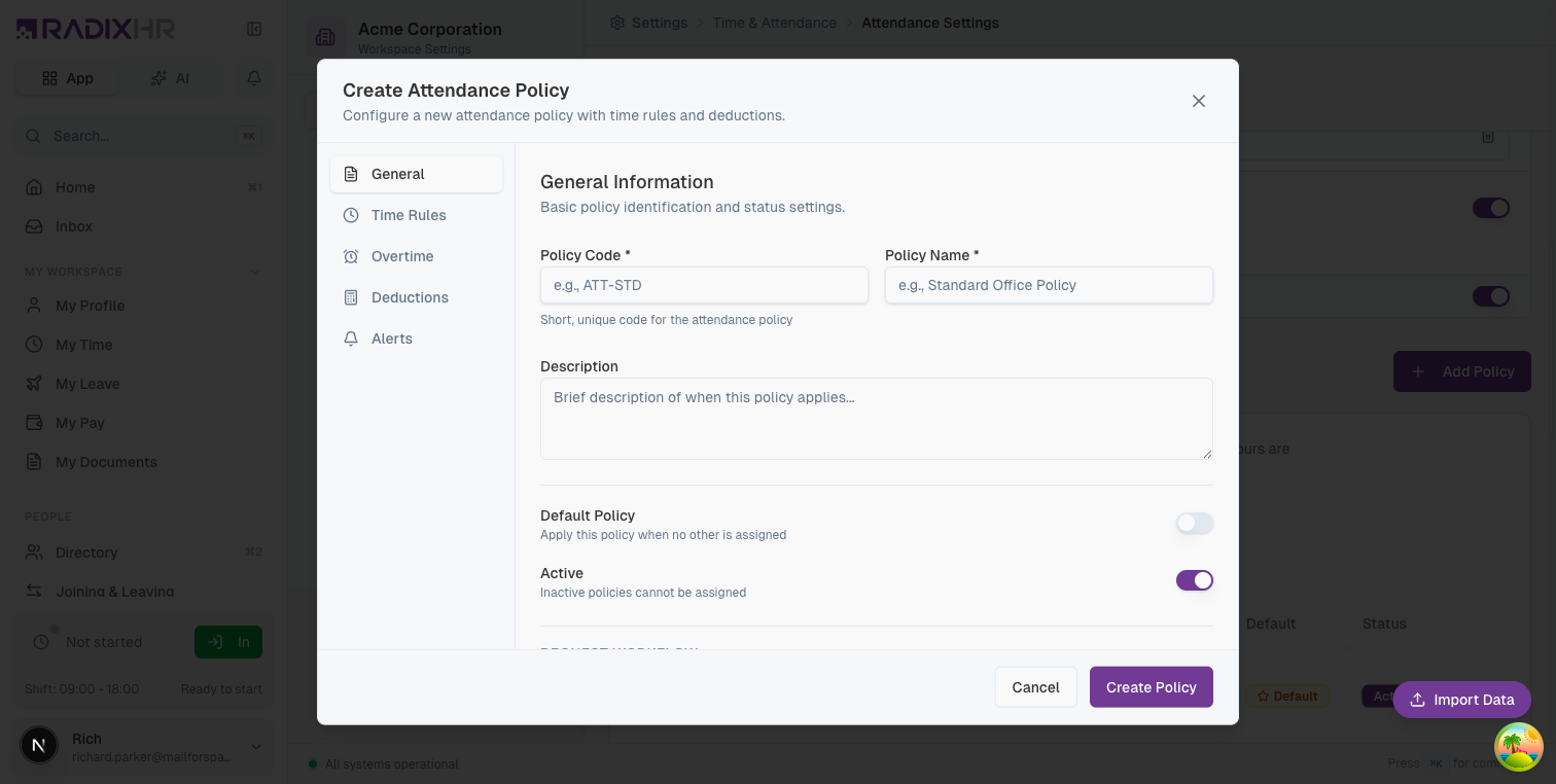 Create Attendance Policy - General Tab