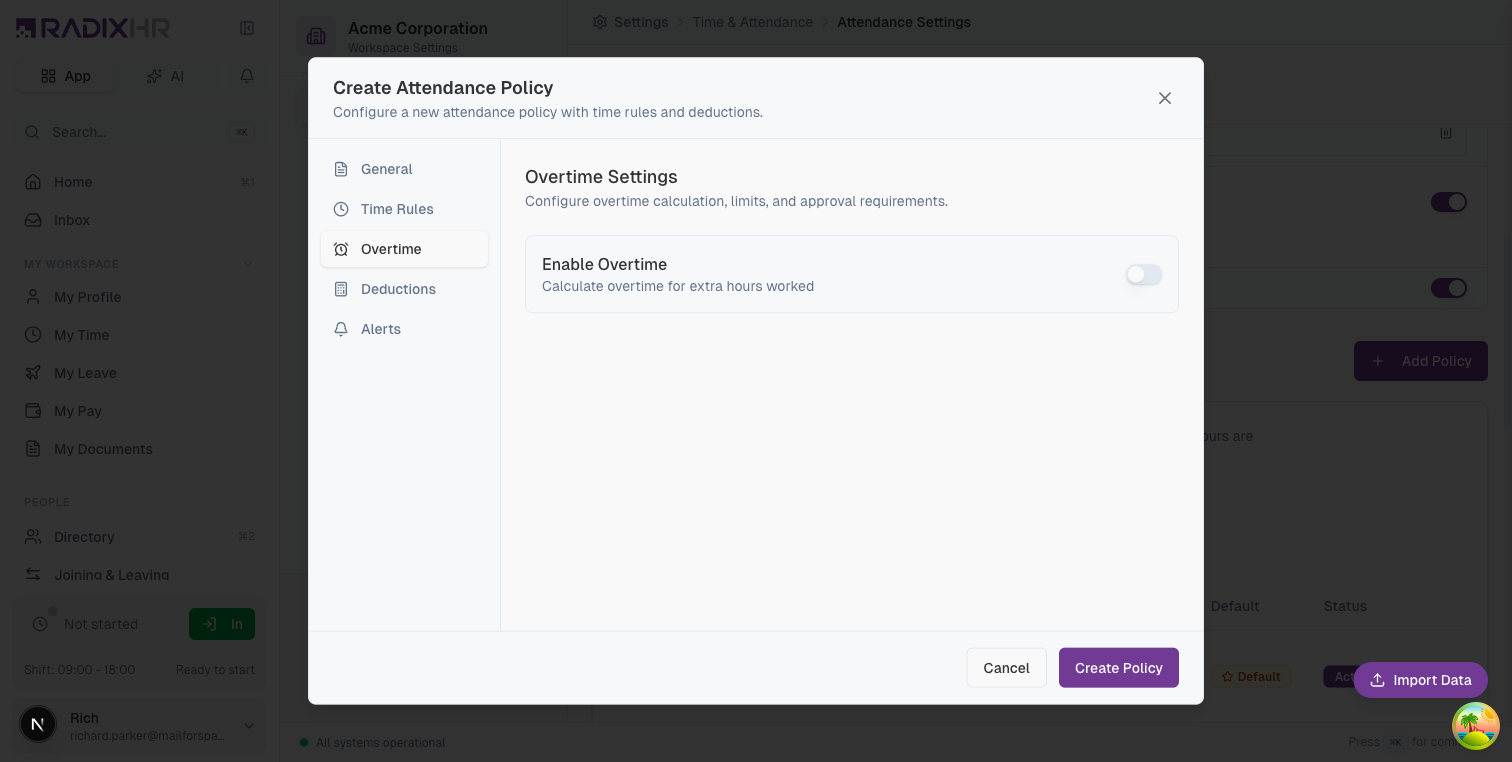 Create Attendance Policy - Overtime Tab