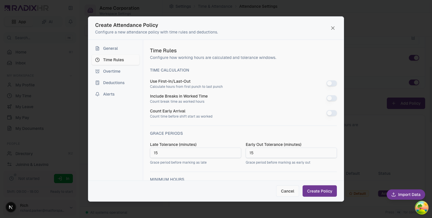 Create Attendance Policy - Time Rules Tab