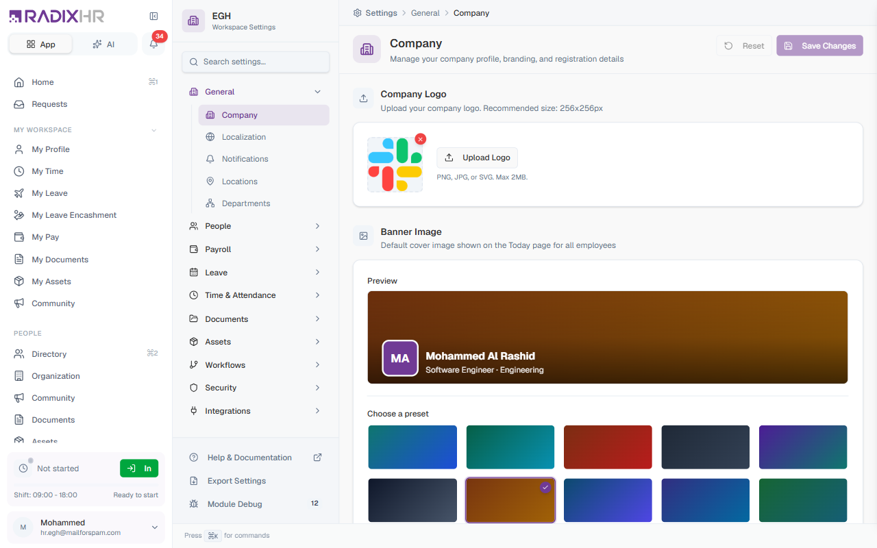 Company Settings — top of page