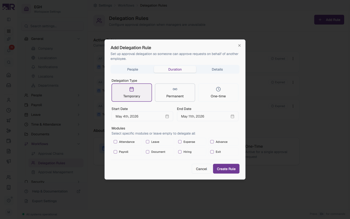 Add Delegation Rule — Duration Tab