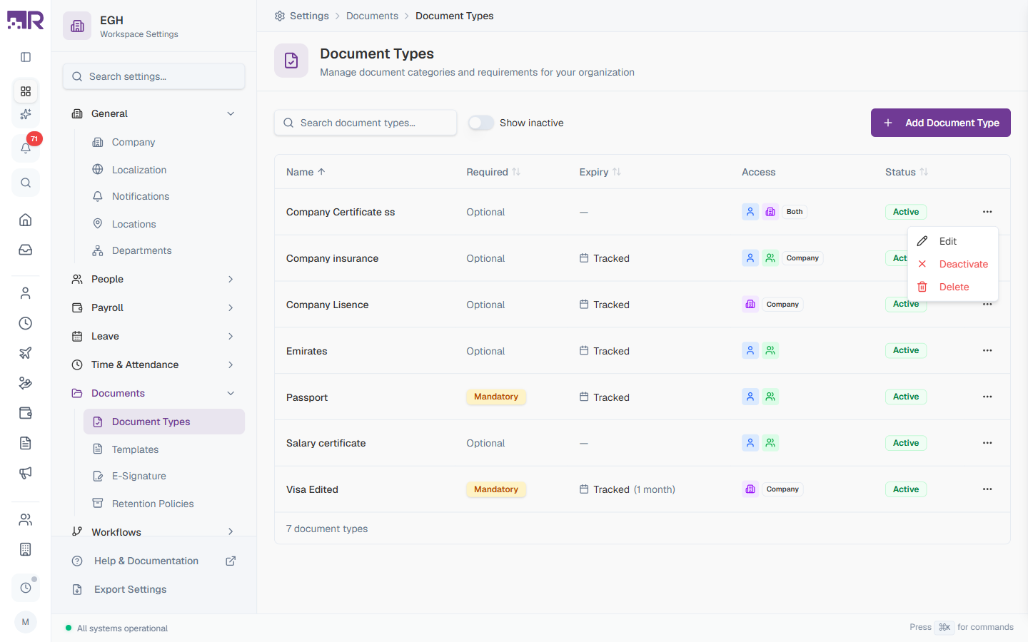 Document Type Actions Menu