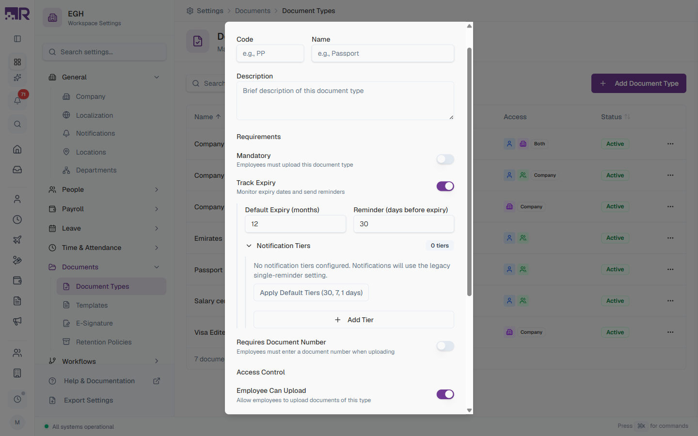 Document Type Expiry Settings