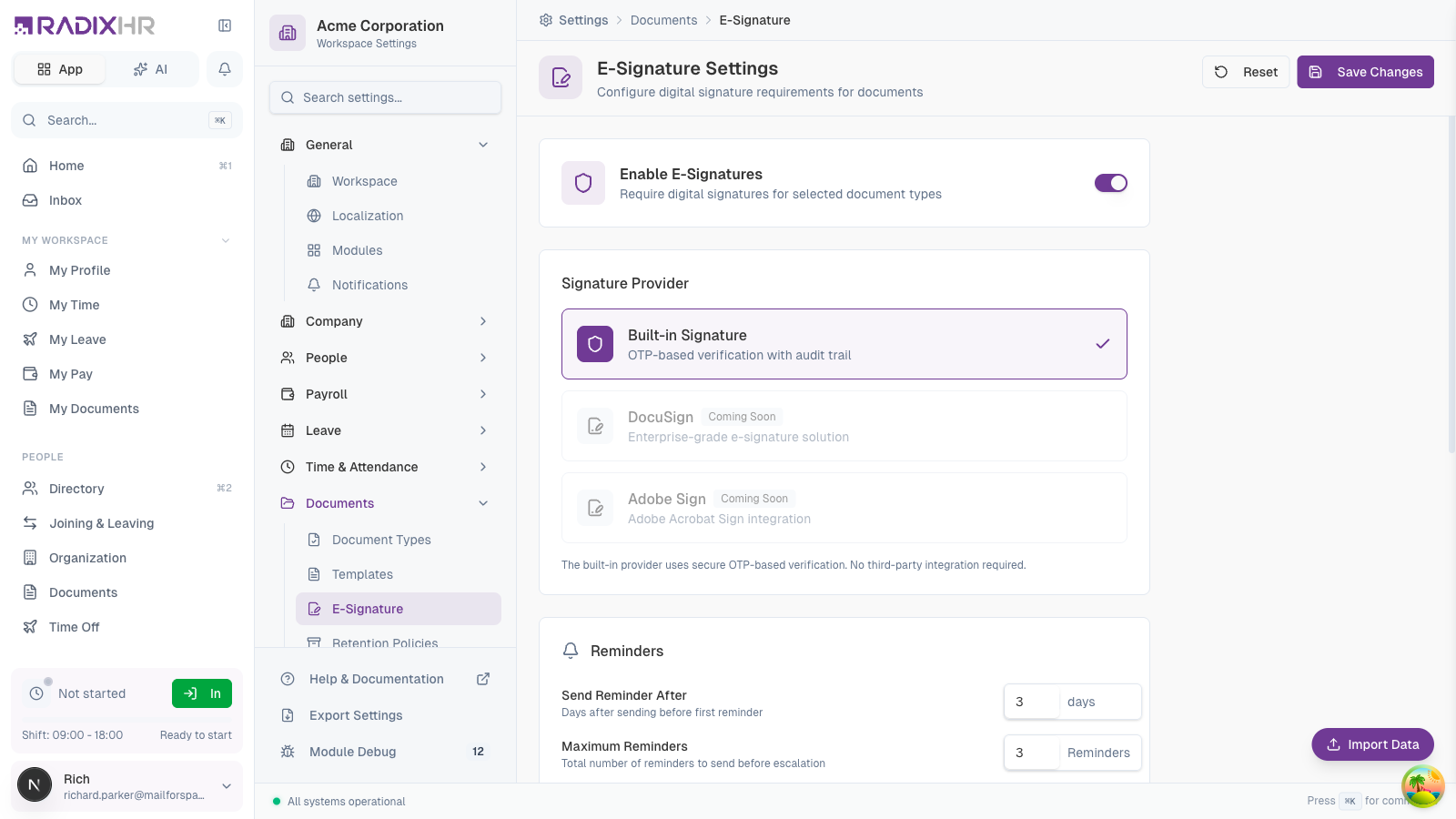 E-Signature Settings Enabled