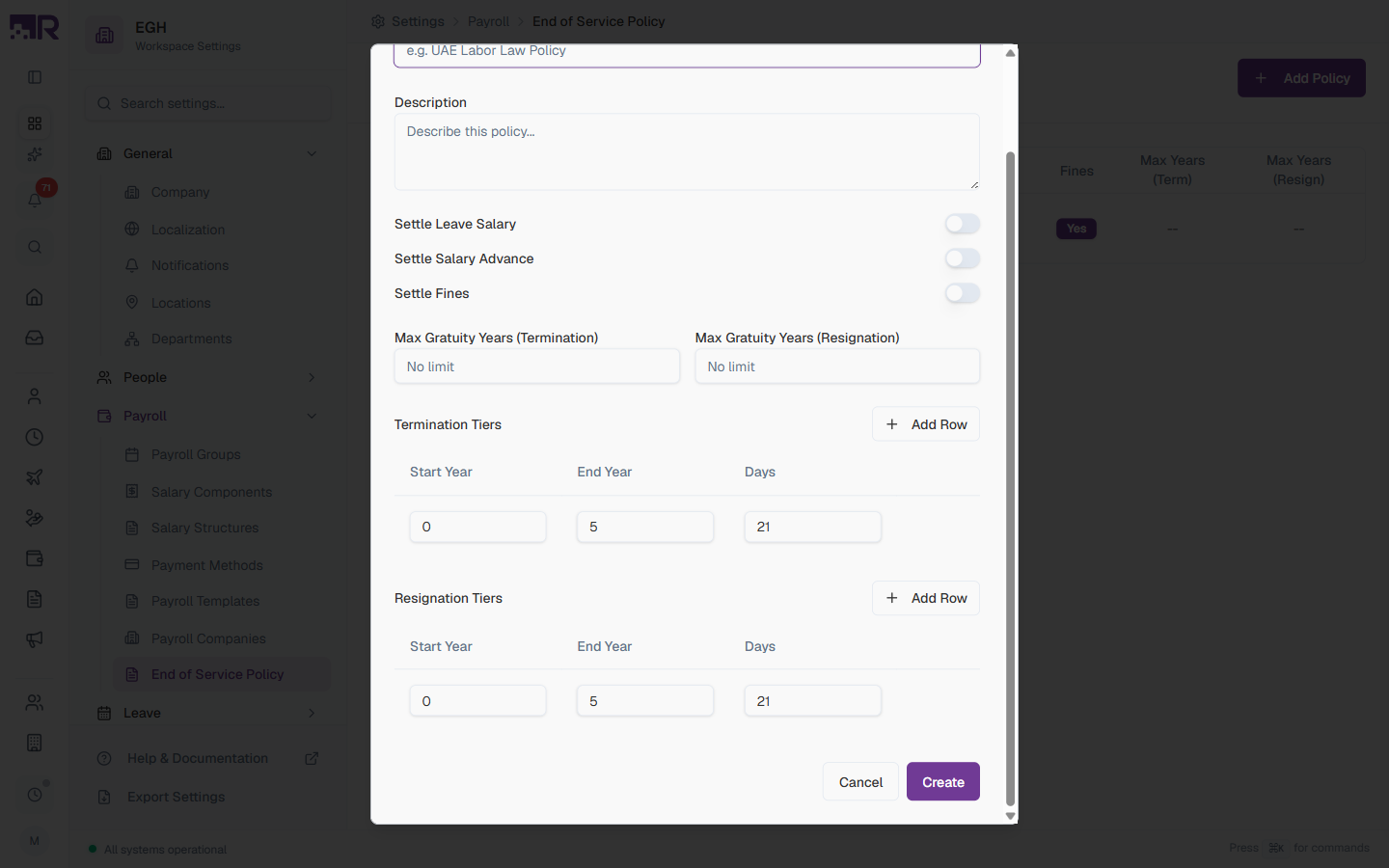 Add EOS Policy Form — Tiers and Save