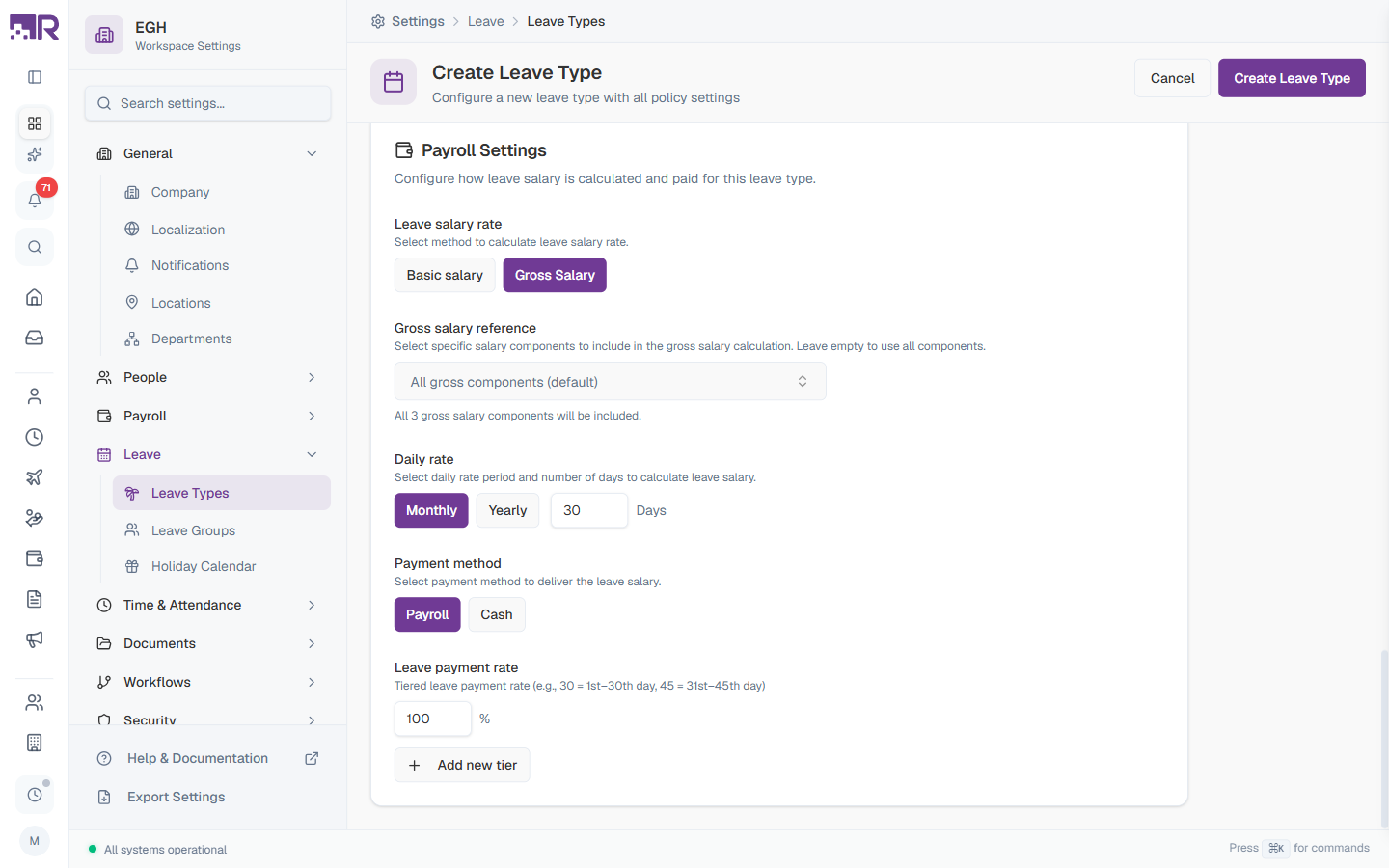 Leave Type Payroll Settings
