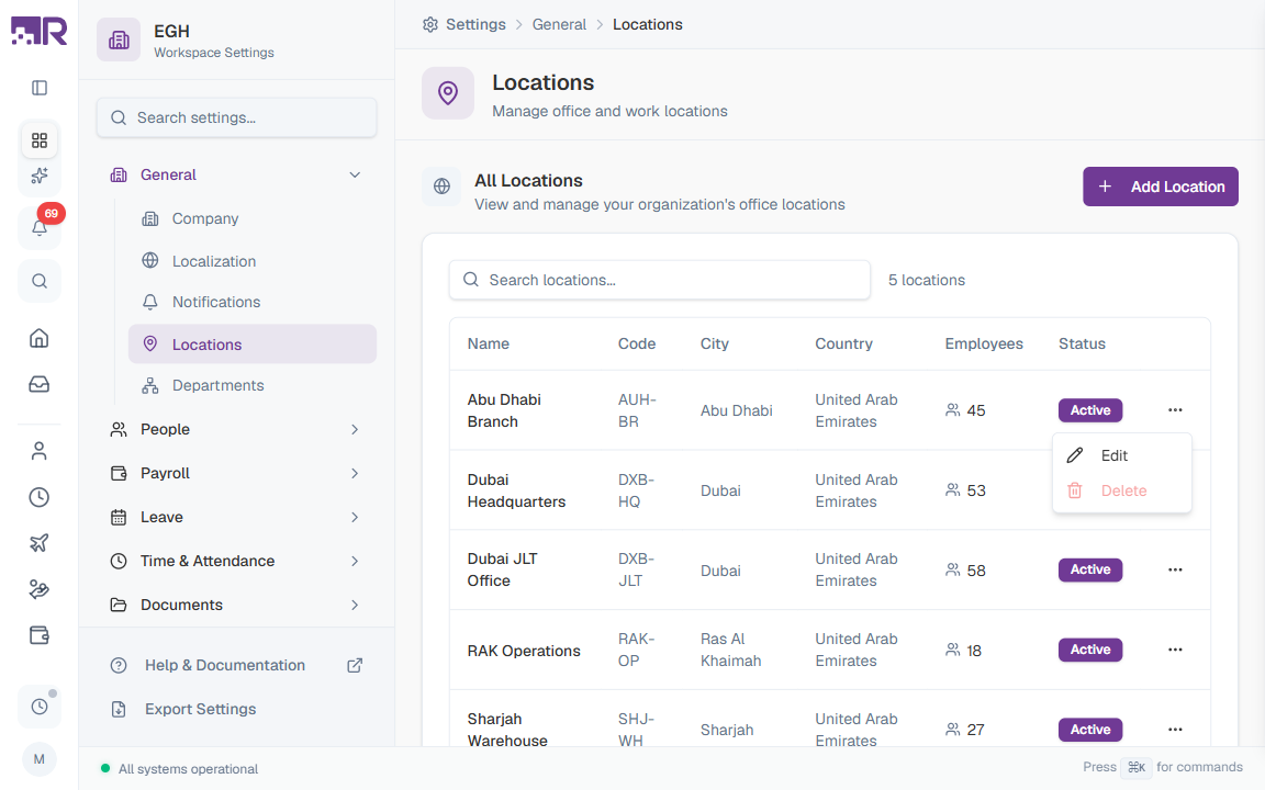Location Row Actions Menu