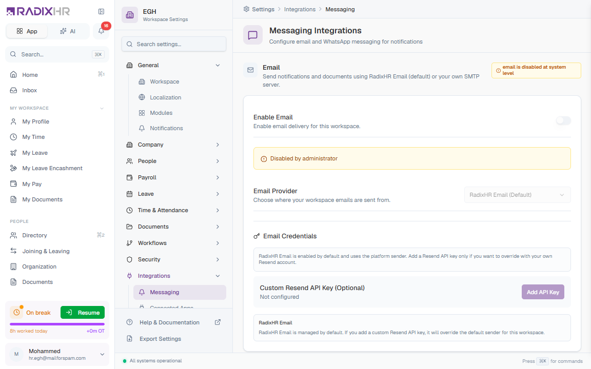 Messaging Integrations — Email section