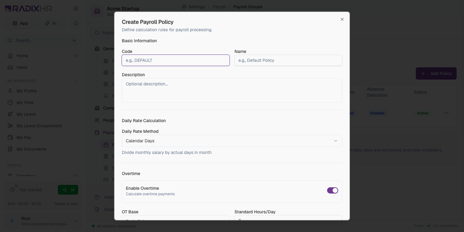 Create Payroll Policy