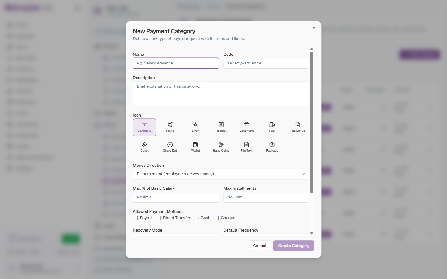 New Payment Category form