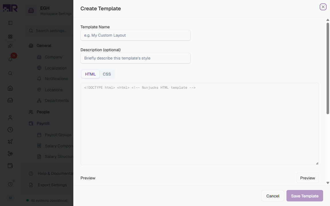 Create Template Side Panel