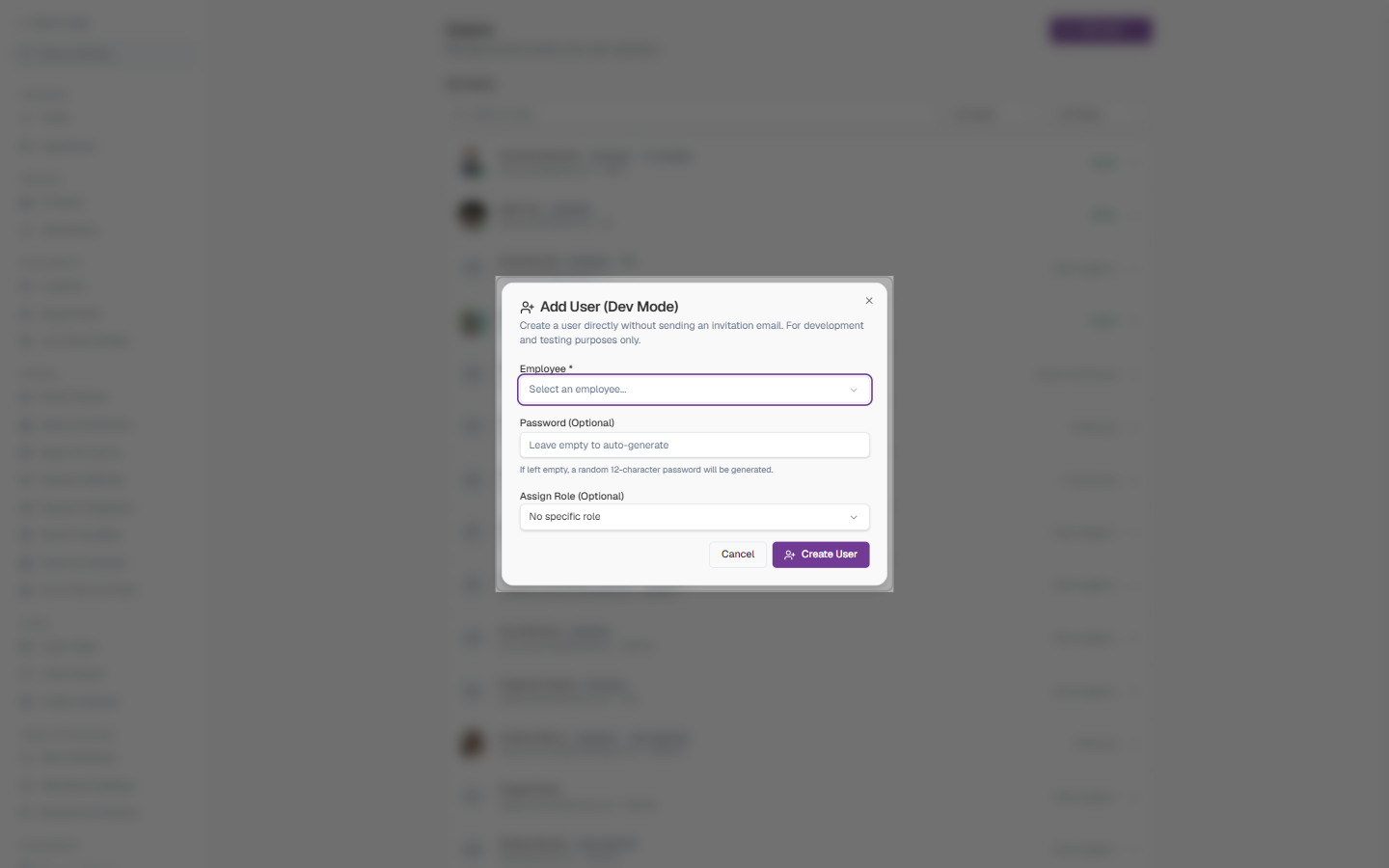 Add User (Dev Mode) dialog
