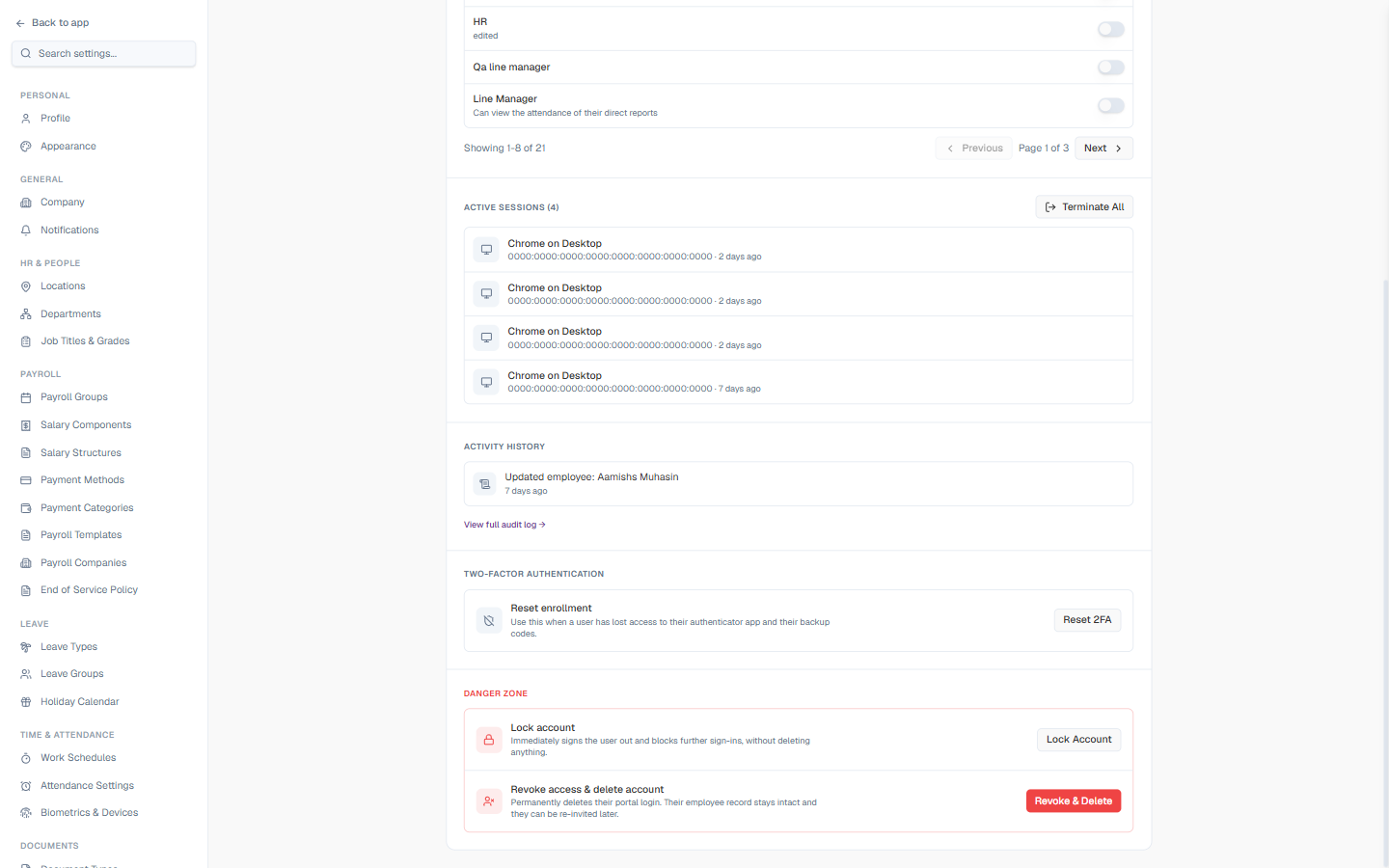 User detail page — sessions, activity, 2FA, and Danger Zone