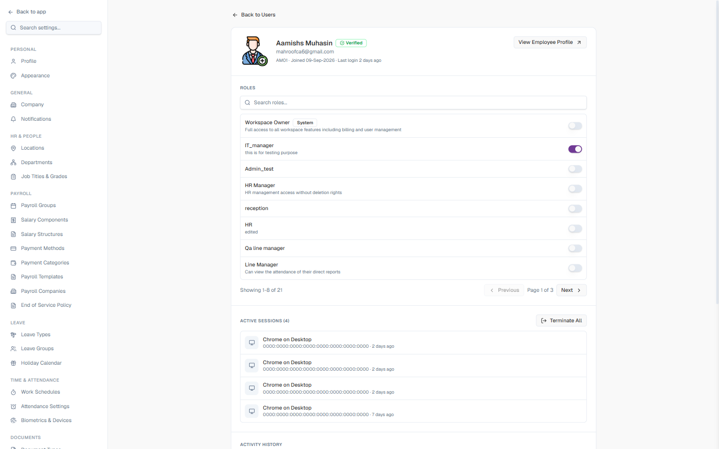 User detail page — header and Roles section