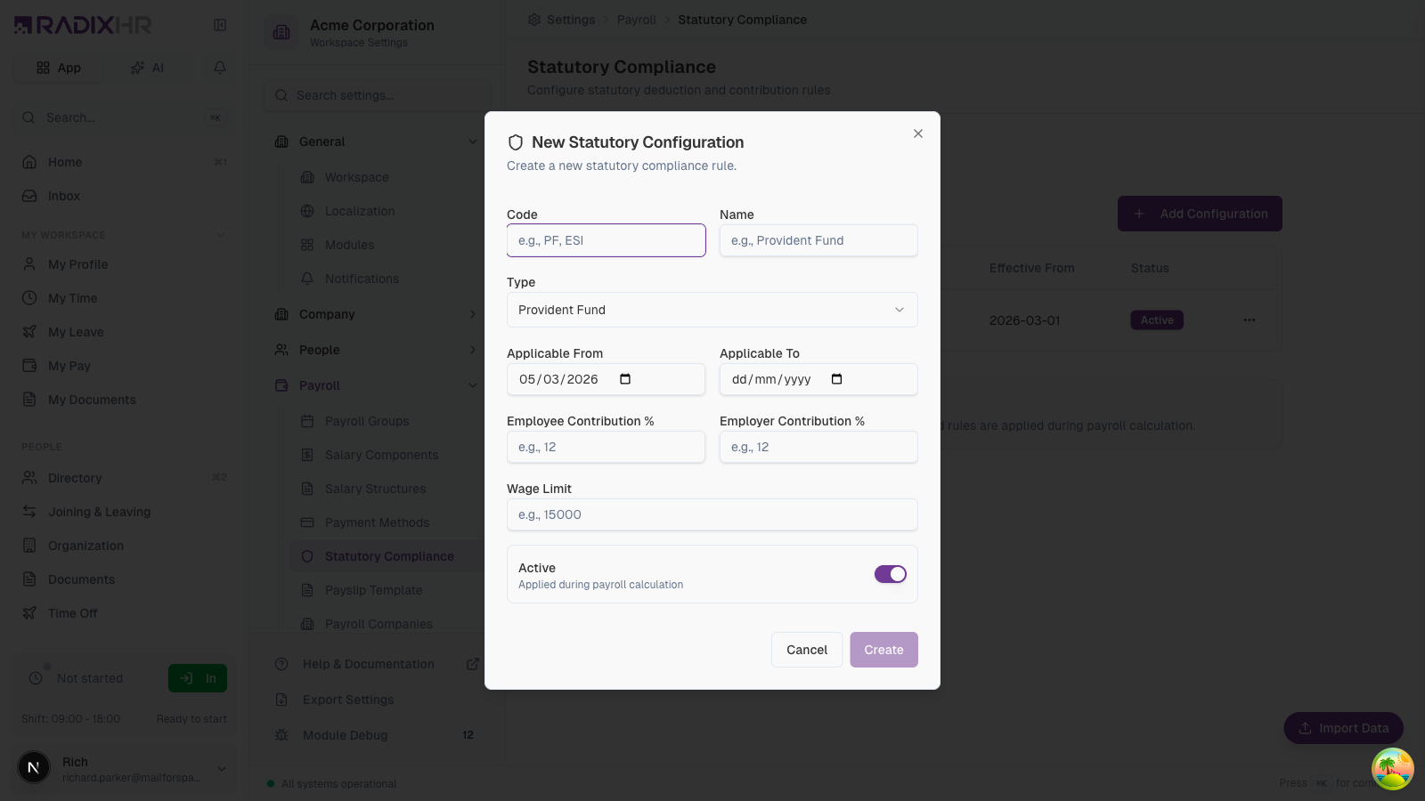 Create Statutory Configuration